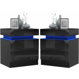 Table de Chevet Noir Table de Nuit Moderne 2 Tiroirs led rgb Materiel mdf 35x45x52cm Lot de 2