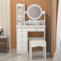 Coiffeuse avec miroir et led, coiffeuse avec 5 tiroirs, étagères, commode et tabouret rembourré