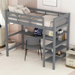 Lit mezzanine enfant 90 x 200 avec rangement et bureau sous lit, gris