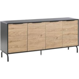 Commode Buffet Effet Bois Clair et Noire avec 4 Compartiments à Portes Meuble de Rangement Élégant
