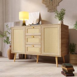 Commode avec 2 portes et 3 tiroirs, rotin chêne Sonoma, étagères réglables, pieds en bois massif,