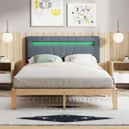 Lit double 140 x 200 cm - avec éclairage led avec tête de lit capitonné, sommier à lattes, en bois