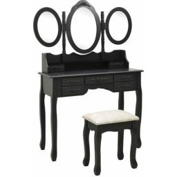 Coiffeuse avec tabouret et miroir pliable en 3 Noir Vidaxl Black