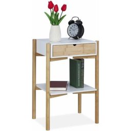 Table de chevet, tiroir, 2 étagères, chambre, bambou, mdf, hlp : 55x37x31,5 cm, meuble d'appoint,