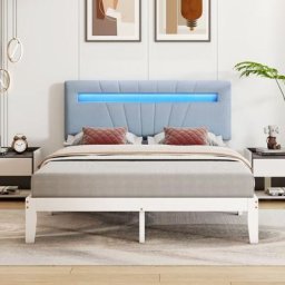 Lit double 140 x 200 cm - avec éclairage led avec tête de lit capitonné, sommier à lattes, en bois