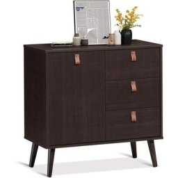 Commode à 3 Tiroirs avec Porte Hauteur Réglable Meuble Scandinave en Bois Massif pour Salon Bureau