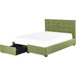 Lit Double 140x200 cm en Tissu Vert Tête Capitonnée Cadre à 2 Tiroirs Rochelle - Vert