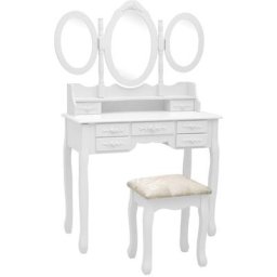 Coiffeuse avec tabouret et miroir pliable en 3 Blanc Vidaxl White