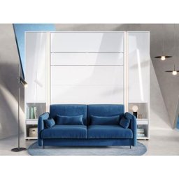 Lit escamotable vertical blanc avec étagères et canapé tissu Noby - Options Sans Led - Tête de lit