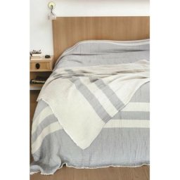 Jeté de lit 230x250 cm en coton gaufré pienza naturel et eau de bleu, par Toison D'or Bicolore