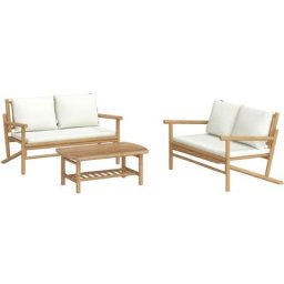 Salon de jardin 3 pcs avec coussins blanc crème bambou Vidaxl n/a