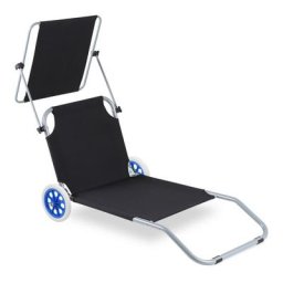 Chaise longue de jardin, Chaise de plage, Chaise longue pliable, jusqu'à 100 kg, avec 2 roues,