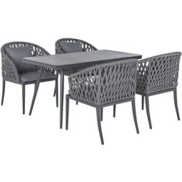 Salon de Jardin Gris Table 140 x 80 cm et de 4 Chaises en Aluminium Gris avec Dossiers en Corde