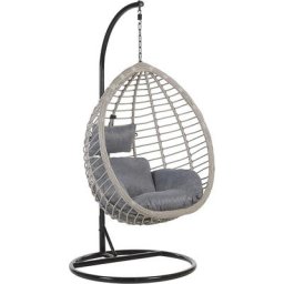 Fauteuil Oeuf Suspendu Design en Rotin Gris avec Support en Acier Noir et Coussin Idéal pour Salon