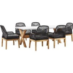 Set de Jardin 6 Places Table et 6 Bancs en Fibre-Ciment et Bois d'Acacia Noir et Blanc et Bois