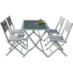 Ensemble de salle a' manger pliant Astro en acier blanc avec table en verre et quatre chaises pour