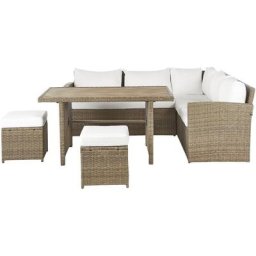 Canapé Jardin Rotin 5 Places avec Table 2 Ottomans Marron Coussins Blancs Bardi - Marron