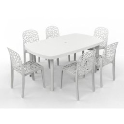 Salon dinatoire en Resine 6 places Table Extensible Atlantic + Pack de 6 chaises Flora Blanches