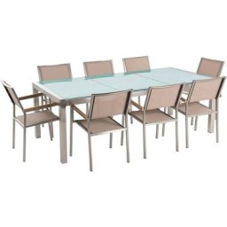 Table de Jardin et 8 Chaises 220 x 100 cm Verre Effet Brisé et Textile Beige Grosseto - Beige