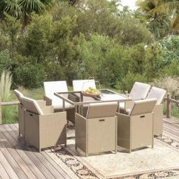 Ensemble Table et Chaise de Jardin 9 pcs - Meubles à dîner de jardin et coussins Poly rotin Beige