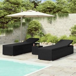 Transat - Lot de 3 Chaises longues de jardin table à thé Moderne Résine tressée Noir,195 x 60 x 31