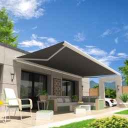 Store banne coffre onyx 4,00x3,50 m (Motorisé Secours à Télécommande - Blanc - Gris Graphite)