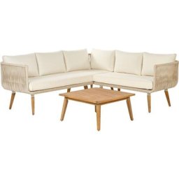 Salon de Jardin Beige en Bois d'Acacia 5 Places et Coussins en Tissu Alcamo - Beige