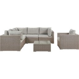 Salon de Jardin ou Terrasse Table Basse Fauteuil et Canapé d'Angle en Rotin Taupe avec Coussins