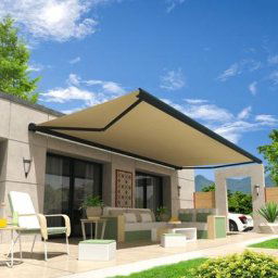 Store banne coffre onyx 4,00x3,00 m (Motorisé Secours à Télécommande - Gris Anthracite - Ecrue)