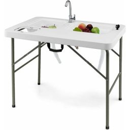 Goplus - 2 en 1 Table de Nettoyage de Poisson Pliante avec 2 Éviers & Robinet Rotatif 360°, Table