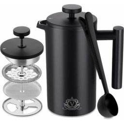 Cafetière à Piston Noir Mat, French Press Isolation à Double Paroi, Paroi Intérieure avec Cautèle,