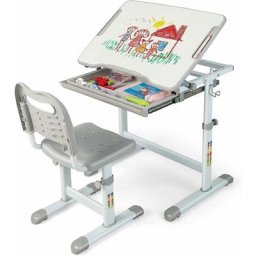 Costway - Bureau pour Enfant, Hauteur Réglable, Inclinable 0-45°, Ensemble Table et Chaise avec
