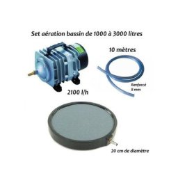 Set aérateur bassin de jardin de 1000 à 3000 l. Pompe à air bassin + 1 bulleur disque 20 cm