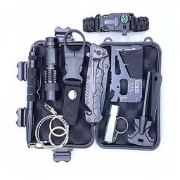 Kit de survie 12 en 1 camping en plein air randonnée d'urgence, lampe de poche boussole bracelet de