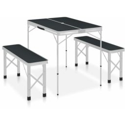 Table de camping pliable avec 2 bancs | Table de pique nique Aluminium Gris 28629 - Gris
