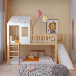 Lits superposés 2 x 90 x 200 cm en, Cadre en bois de pin, Lit cabane avec toboggan et échelle,