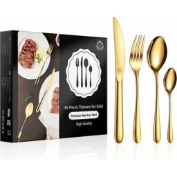 Couverts de Table Or, Ménagère de 48 Pièces pour 12 Personnes, Set de Couteaux et Fourchettes