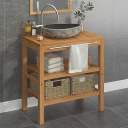 Meuble de salle de bain | Armoire de toilette Teck solide et lavabo en pierre de rivière 87230