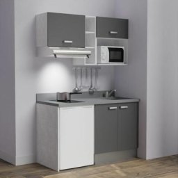 Kitchenette K13L - 140 cm - emplacements frigo, hotte et micro-ondesGrisCromoévier à droite