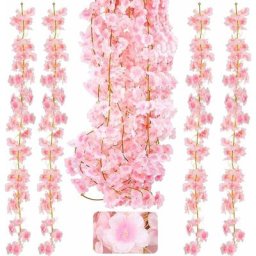 Rose - Lot de 4 guirlandes de fleurs de cerisier artificielles de 1,8 m à suspendre à la maison,