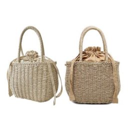 Sac à main en paille tissé pour femmes sac de plage Vintage avec cordon de serrage panier à