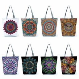 Sac à main géométrique en lin écologique pour femmes fourre-tout à fleurs réutilisable sac de