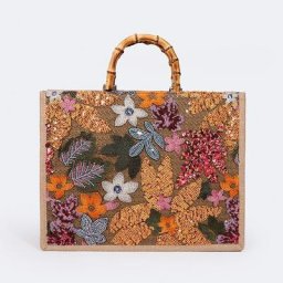 Sacs à main vintage à poignée en bambou pour femmes fourre-tout brodé de paillettes sacs en lin