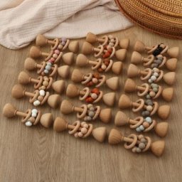 Anneau de dentition en bois pour bébé hochet musical sans BPA anneau de gymnastique en Silicone