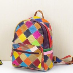 Sac à dos en cuir véritable pour femmes sac de jour Design décontracté coloré Patchwork