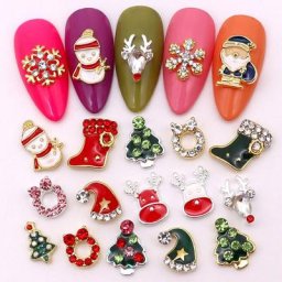 Décoration d'art d'ongle de série de Noël or et argent breloque père Noël tête de cerf