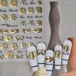 Autocollants 5D Réalistes pour Nail Art 1 Feuille Timbre Rétro Or Noir Fleur Étiquette Arc