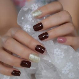 Faux ongles courts de taille moyenne paillettes rouge cerise rose artificiels pour femmes