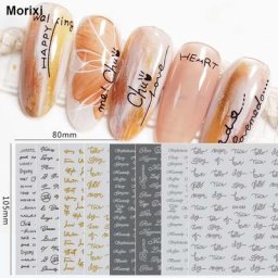 Morixi nail art autocollant noir blanc or lettres écrites à la main image géométrique 3D manucure