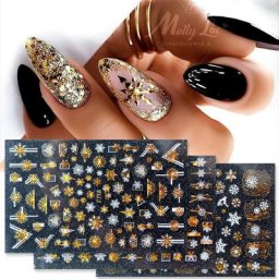 Autocollants 3D de décoration Nail Art de noël or blanc coloré paillettes géométriques flocon de